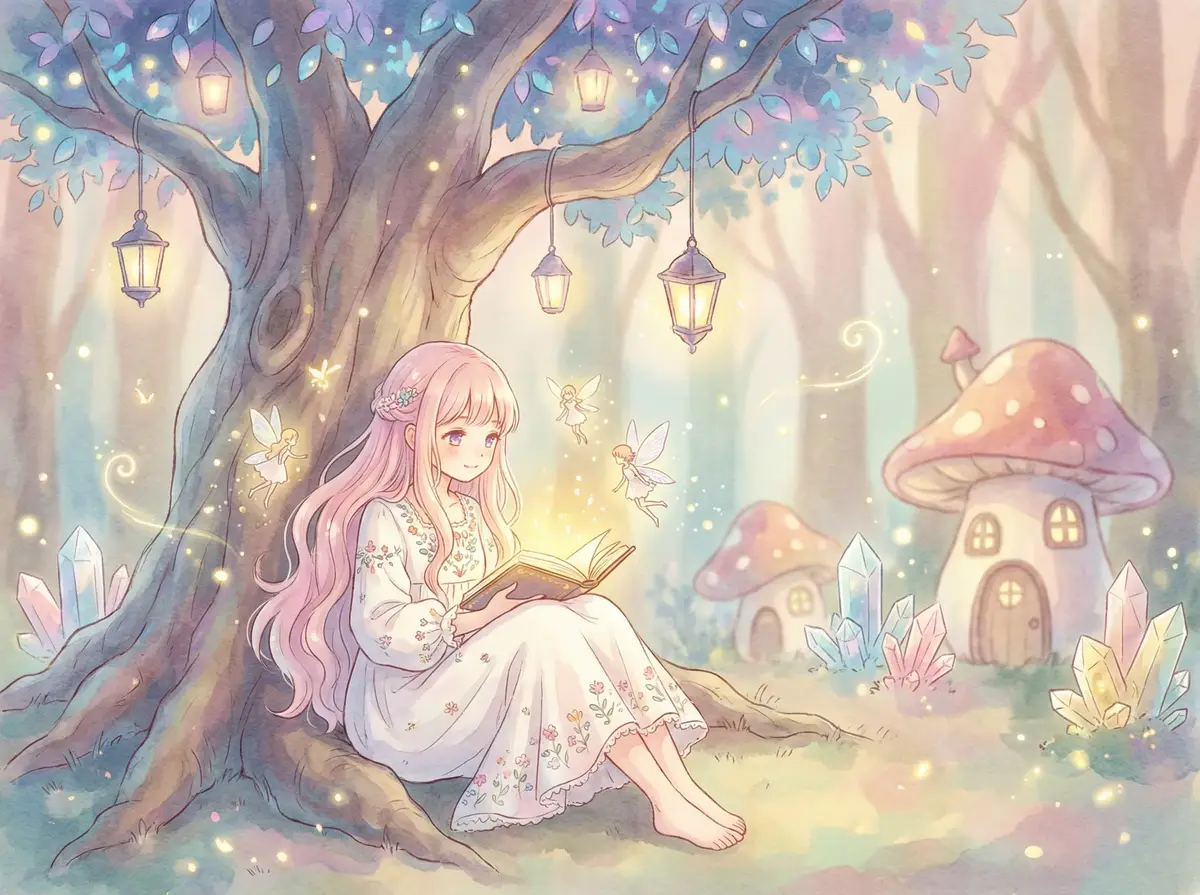 五十度灰ed2k - 魔法森林中阅读故事书的粉发少女与精灵